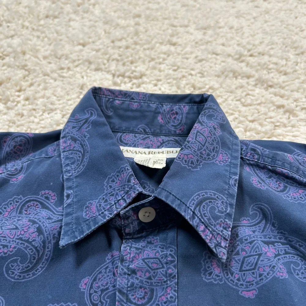 Vintage Banana Republic Paisley Button Down Shirt XS Blue Long Sleeve Cotton 80s